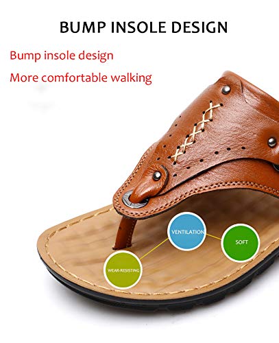 YNSH Chancletas de cuero para hombre Zapatillas de piel de vacuno Tanga Playa Planos Zapatos casuales Sandalias