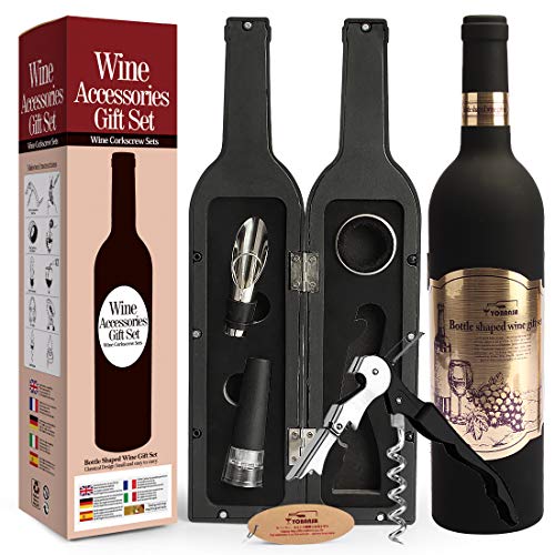 Yobansa Accesorios de Vino en Forma de Botella de Vino Juego de Regalo, Juego de abridor de Vino - Incluye sacacorchos, Tapones de Vino, vertedor de Vino y Anillo de Vino (Bottle 02)