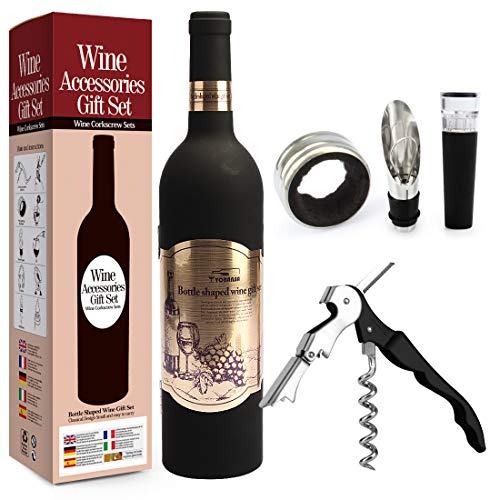 Yobansa Accesorios de Vino en Forma de Botella de Vino Juego de Regalo, Juego de abridor de Vino - Incluye sacacorchos, Tapones de Vino, vertedor de Vino y Anillo de Vino (Bottle 02)