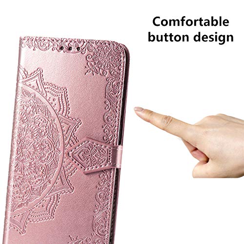Yohii Funda Samsung Galaxy A21s + Cristal Templado, Piel PU Soporte Plegable Ranuras Cartera con Tapa Tarjetas Magnético Cuero Flip Carcasas, Case para Samsung Galaxy A21s - Oro Rosa
