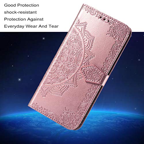 Yohii Funda Samsung Galaxy A21s + Cristal Templado, Piel PU Soporte Plegable Ranuras Cartera con Tapa Tarjetas Magnético Cuero Flip Carcasas, Case para Samsung Galaxy A21s - Oro Rosa