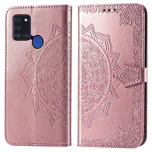 Yohii Funda Samsung Galaxy A21s + Cristal Templado, Piel PU Soporte Plegable Ranuras Cartera con Tapa Tarjetas Magnético Cuero Flip Carcasas, Case para Samsung Galaxy A21s - Oro Rosa