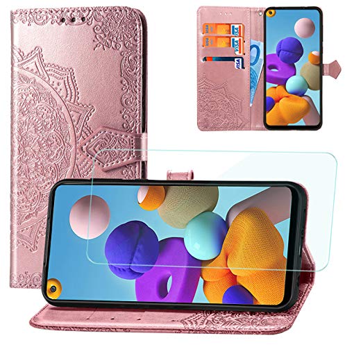 Yohii Funda Samsung Galaxy A21s + Cristal Templado, Piel PU Soporte Plegable Ranuras Cartera con Tapa Tarjetas Magnético Cuero Flip Carcasas, Case para Samsung Galaxy A21s - Oro Rosa
