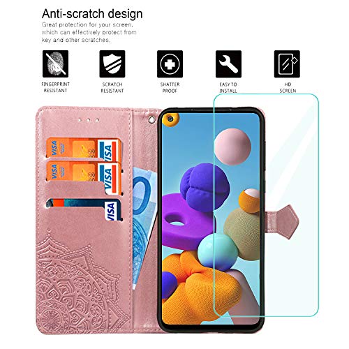 Yohii Funda Samsung Galaxy A21s + Cristal Templado, Piel PU Soporte Plegable Ranuras Cartera con Tapa Tarjetas Magnético Cuero Flip Carcasas, Case para Samsung Galaxy A21s - Oro Rosa