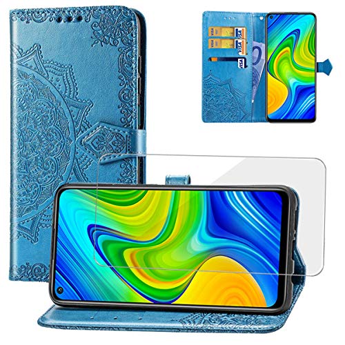 Yohii Funda Xiaomi Redmi Note 9 + Protector pantalla de Cristal Templado, Piel PU Soporte Plegable Ranuras Cartera con Tapa Tarjetas Magnético Cuero Flip Carcasas, Case para Xiaomi Redmi Note 9 - Azul