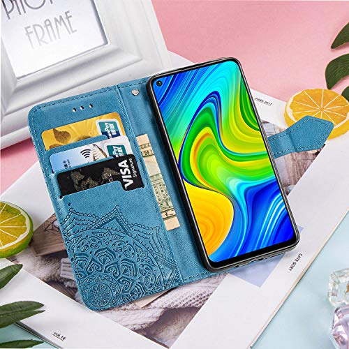 Yohii Funda Xiaomi Redmi Note 9 + Protector pantalla de Cristal Templado, Piel PU Soporte Plegable Ranuras Cartera con Tapa Tarjetas Magnético Cuero Flip Carcasas, Case para Xiaomi Redmi Note 9 - Azul