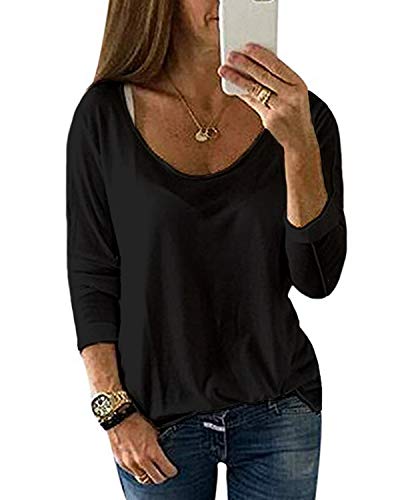 YOINS Camiseta de Manga Larga para Mujer Camisas con Rayas Cuello Redondo Casual Blusas Elegante Tops Negro-02 M