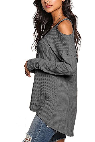 YOINS Camiseta Mujer de Manga Larga Camisa con Hombros Fríos Color Sólido Cuello en V Blusa Gris Oscuro S