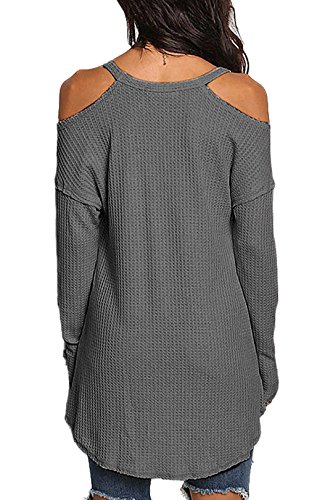 YOINS Camiseta Mujer de Manga Larga Camisa con Hombros Fríos Color Sólido Cuello en V Blusa Gris Oscuro S