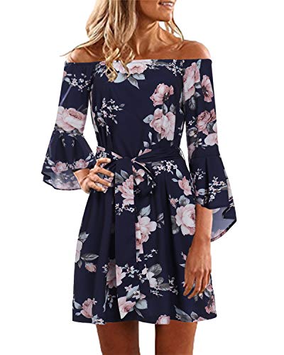 Yoins - Vestido de verano para mujer, corto, sin hombros, manga larga, atrevido, estampado floral, vestido de playa azul XS
