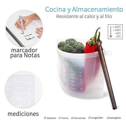 Yompz Bolsas de Silicona, Bolsas Reutilizables de Silicona, Bolsas de Comida, Bolsas a Prueba de Fugas y Sellables para Almacenar Congelación, Calefacción Recipiente hermético(4 x 1L)