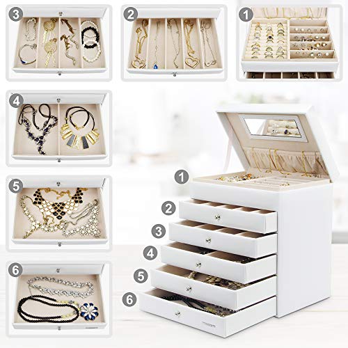 Yorbay Caja de joyería Blanco de Cuero con 5 cajones, Bloqueo y Espejo entegrado en la Tapa Reutilizable