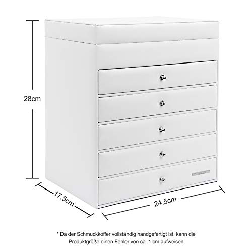 Yorbay Caja de joyería Blanco de Cuero con 5 cajones, Bloqueo y Espejo entegrado en la Tapa Reutilizable