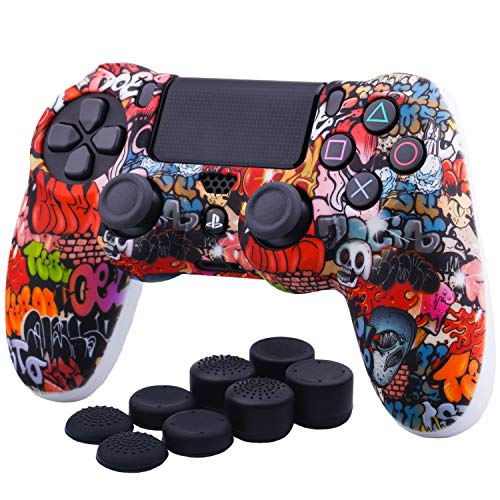 YoRHa Transferencia de Agua Camuflaje de Impresión Silicona Caso Piel Fundas Protectores cubierta para Sony PS4/slim/Pro Dualshock 4 Mando x 1 (Calavera Pintada) Con los Puños Pulgar Thumb Gripsx 8