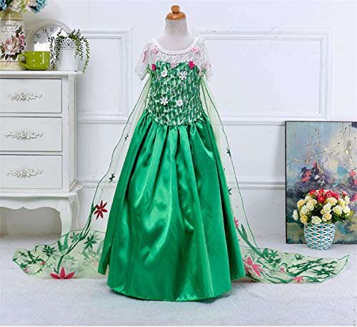 YOSICIL Princesa Disfraz Frozen Elsa Verde Disfraces Princesas Disfraz Infantil niña Bordado Fancy Dress con Mangas de Encaje Transparente Princesa Cosplay Vestido para Niñas 100cm-150cm