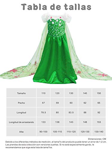 YOSICIL Princesa Disfraz Frozen Elsa Verde Disfraces Princesas Disfraz Infantil niña Bordado Fancy Dress con Mangas de Encaje Transparente Princesa Cosplay Vestido para Niñas 100cm-150cm