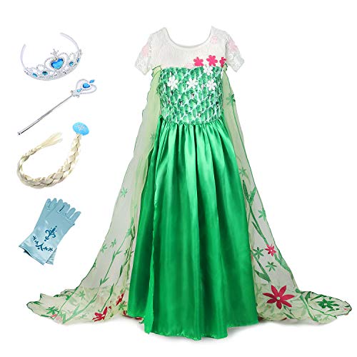 YOSICIL Princesa Disfraz Frozen Elsa Verde Disfraces Princesas Disfraz Infantil niña Bordado Fancy Dress con Mangas de Encaje Transparente Princesa Cosplay Vestido para Niñas 100cm-150cm