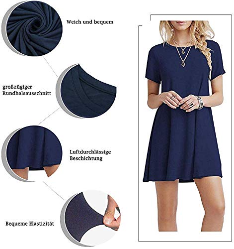 YOUCHAN Vestidos Mujer de Camiseta Suelto Casual Cuello Redondo Ocasional Sólida Mini Vestido_Azul Oscuro_XL