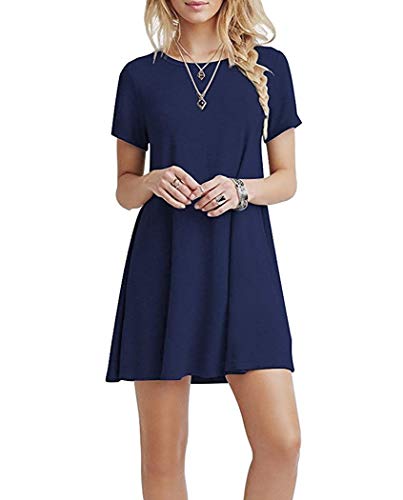 YOUCHAN Vestidos Mujer de Camiseta Suelto Casual Cuello Redondo Ocasional Sólida Mini Vestido_Azul Oscuro_XL