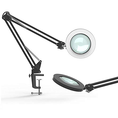 YOUKOYI Lámpara LED de Aumento de 5X Lámpara de Escritorio de Metal con Brazo Oscilante Regulación Escalonada de 3 Modos de Color Negro