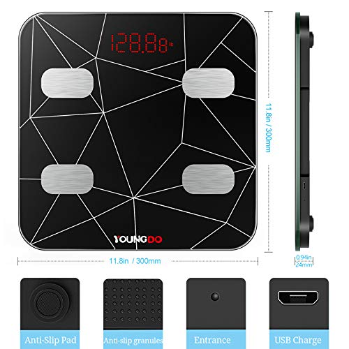 YOUNGDO Báscula Grasa Corporal 30*30, Báscula Baño Digital Bluetooth Inteligente Con USB Carga 23 Medidas Corporales Esenciales Grasa Corporal, Músculo, BMI etc. 999 Usuarios para Android e iOS
