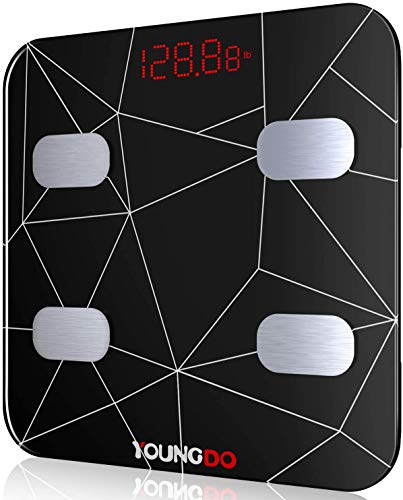 YOUNGDO Báscula Grasa Corporal 30*30, Báscula Baño Digital Bluetooth Inteligente Con USB Carga 23 Medidas Corporales Esenciales Grasa Corporal, Músculo, BMI etc. 999 Usuarios para Android e iOS