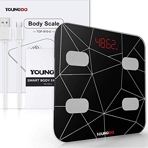 YOUNGDO Báscula Grasa Corporal 30*30, Báscula Baño Digital Bluetooth Inteligente Con USB Carga 23 Medidas Corporales Esenciales Grasa Corporal, Músculo, BMI etc. 999 Usuarios para Android e iOS