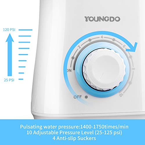 YOUNGDO Irrigador Bucal 600 ML, Irrigador Dental Professional con 10 Ajustes de Presión del Agua y 7 Boquillas Multifuncionales, para Cuidado y Limpieza Dental de Toda La Familia Aprobado por la FDA