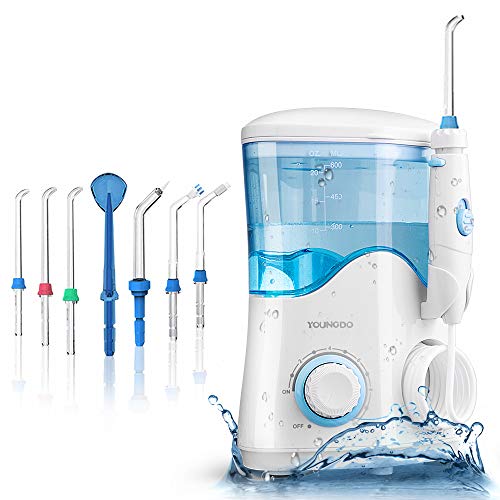 YOUNGDO Irrigador Bucal 600 ML, Irrigador Dental Professional con 10 Ajustes de Presión del Agua y 7 Boquillas Multifuncionales, para Cuidado y Limpieza Dental de Toda La Familia Aprobado por la FDA