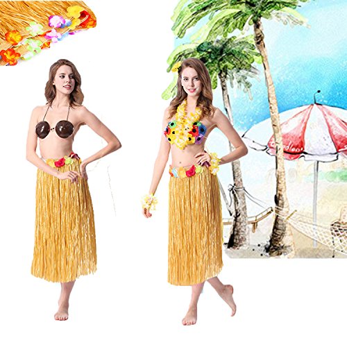 YQing Falda de Mesa Luau Hawaiana Falda de Mesa Hawaiian Luau Hibiscus Grass con 26 Flores de Seda Faux para Barbacoa Decoración de Fiesta de Verano Tropical Tiki Beach en jardín (Dorado)