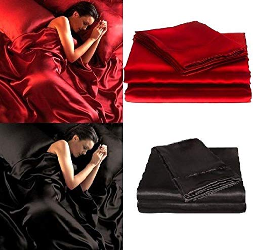 Yuan Dun'er Juego de sábanas de Cama Seda Satinada Suave Queen Bed - Negro Rojo-Rojo_Rey