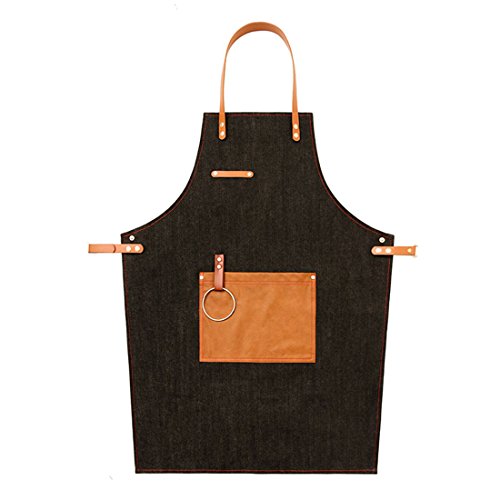 YUENA CARE Delantal de Camarero Cocinero Mandil Denim Ajustable con Bolsillo para Mujeres Hombres de Moda para Cafetería Tienda de Postres Restaurante Negro