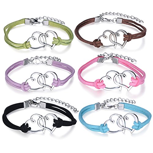 Yumilok- Juego de Pulseras Corazones Doble Cadena Ajustables Hecha a Mano, Bracelete de Cuero Trenzado y Aleación para Mujeres y Niñas Set de 6 Unidades