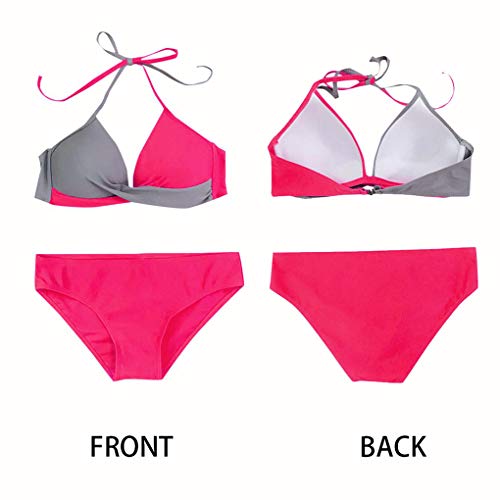Yutdeng 2020 Mujer Traje de Baño Conjunto Sexy Push Up con Relleno Halter Bikini Bañador Elegante Cross Bicolor Brasileños Tanga Ropa de Playa (Rosa, L)