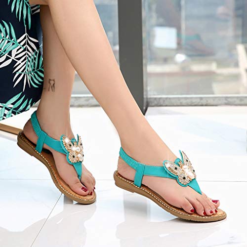 YWLINK Bohemia Mujer Bowknot Cristal Perla Sandalias Planas Chanclas De Playa Zapatos Flip Zapatos Romanos Moda Viajes Al Aire Libre Fiesta Zapatillas Antideslizante CóModo(Verde,39EU)