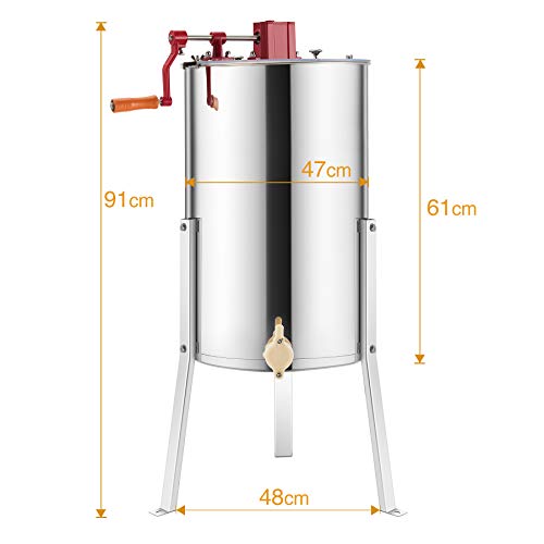 Z ZELUS 4 Cuadros Extractor de Miel Manual Diámetro 47 cm Extractor de Miel Acero Inoxidable de Grado Alimenticio Honey Extractor con Soportes y Tapas de Perspex