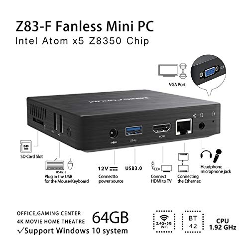Z83-F actualizado Mini PC 4GB/64GB, Intel Atom X5-Z8350 Windows 10 Pro preinstalado, Puertos HDMI Y VGA,1000 Mbps/LAN, WiFi de Banda Dual 2.4G / 5.8G, Gráfico Intel HD 4K, Montaje portátil