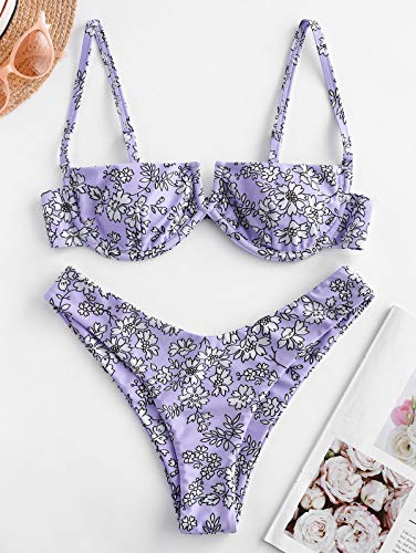 ZAFUL Bikini Set de dos piezas Floral corte alto Bikini con arco & V Bañador para mujer morado M
