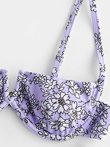 ZAFUL Bikini Set de dos piezas Floral corte alto Bikini con arco & V Bañador para mujer morado M