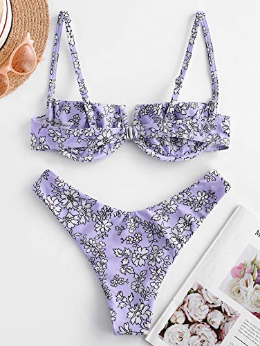 ZAFUL Bikini Set de dos piezas Floral corte alto Bikini con arco & V Bañador para mujer morado M