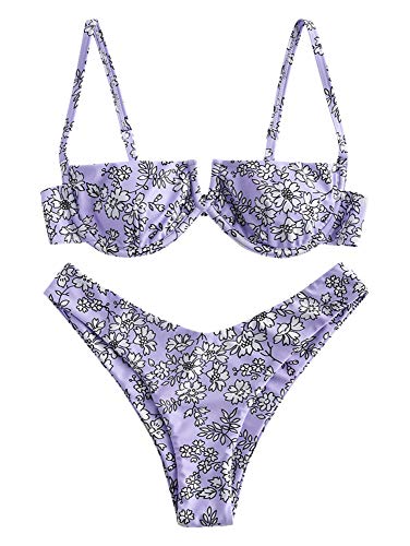 ZAFUL Bikini Set de dos piezas Floral corte alto Bikini con arco & V Bañador para mujer morado M