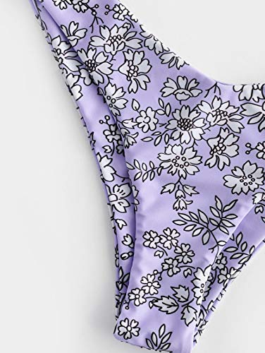 ZAFUL Bikini Set de dos piezas Floral corte alto Bikini con arco & V Bañador para mujer morado M