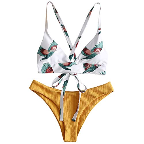 ZAFUL Conjunto de Bikini con Relleno Push Up Triangular Busto Ajustable con Tirantes Cruzados Traseros Estampado Talle Bajo (Pájaro-Amarillo, L)