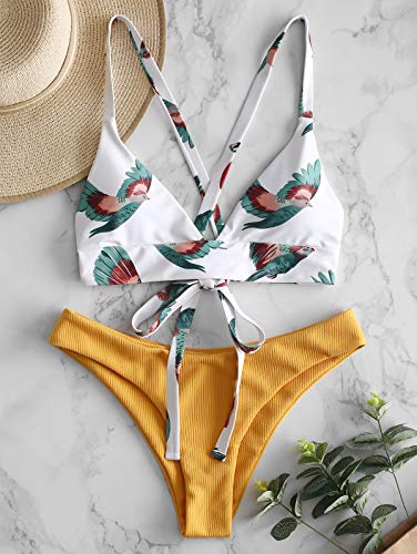 ZAFUL Conjunto de Bikini con Relleno Push Up Triangular Busto Ajustable con Tirantes Cruzados Traseros Estampado Talle Bajo (Pájaro-Amarillo, L)