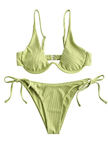 ZAFUL - Conjunto de bikini de dos piezas para mujer, con cableado en V, alta presión, con perchas de corte alto verde M
