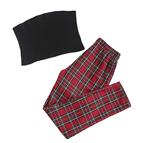 ZAFUL – Pantalones sin tirantes para mujer, monocromo, parte superior superior y cuadros, dos piezas rojo S
