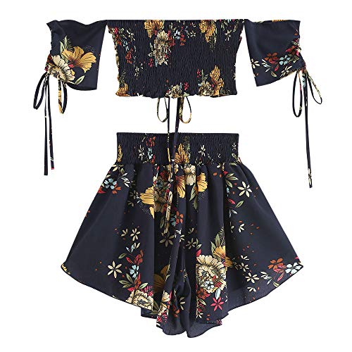 ZAFUL Trajes de Baño Mujer Top Corto Lazada Delantera Estampado Hombro Descubierto Pantalones Cortos Ropa de Playa Dos Piezas 2019 Verano (Azul, L)