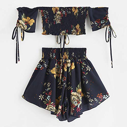 ZAFUL Trajes de Baño Mujer Top Corto Lazada Delantera Estampado Hombro Descubierto Pantalones Cortos Ropa de Playa Dos Piezas 2019 Verano (Azul, L)