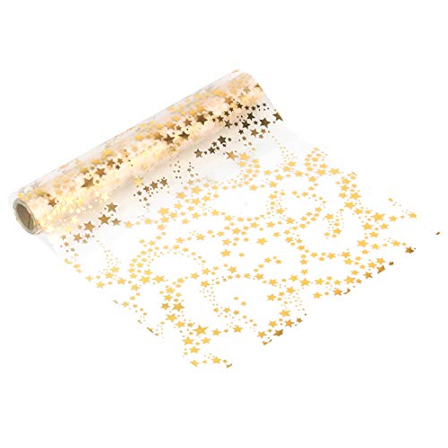 Zaloife Camino de Mesa Estrellas Oro Metálico, Camino de Mesa con Estrellas Metálicas Organza 28 cm x 5 m, Decoración de Mesa de Navidad, Mesa Decoración Navidad, Advent Tiempo (Dorado)