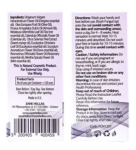 Zane Hellas FunguCept Nail. Solución de uñas micóticas. Solución de uñas de Hongos para uñas descoloridas, Gruesas, desmenuzadas y con Hongos. Resultados Visibles en 4 Semanas.0.33 oz -10ml